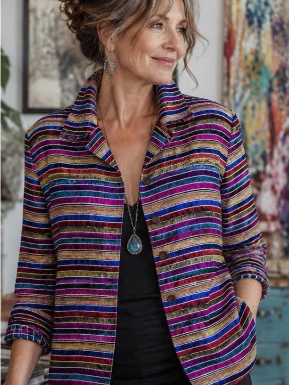 Vintage Chico's Striped Blazer in Purple, Blue & Gold Tones in Silk Blend